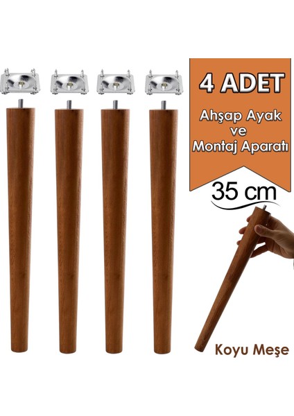 4 Adet Ahşap Ayak 35 cm Koyu Meşe M8 Civatalı Bağlantı Aparatlı Mobilya Tabure Sehpa Masa Destek Ayağı
