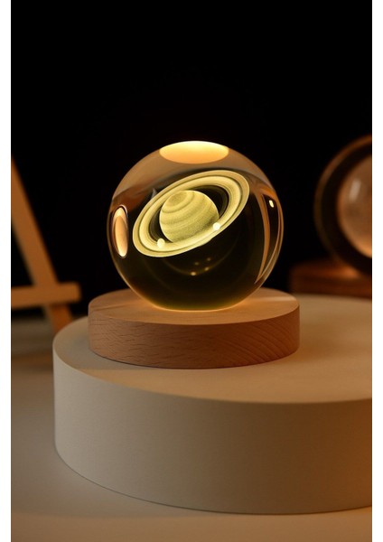 Ledli Usb'li Ahşap Standlı Satürn Küre Temalı Kristal Küre Gün Işığı 3D Oda Masa ve Gece Lambası