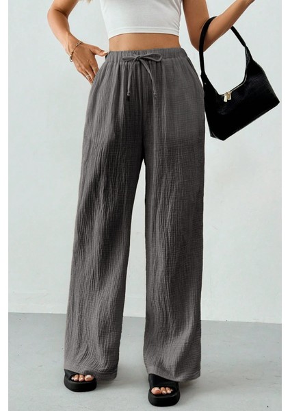 Kadın %100 Cotton Müslin Ultra Hafif Palazzo Model Geniş Paça Keten Karışım Pantolon