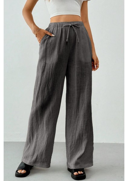 Kadın %100 Cotton Müslin Ultra Hafif Palazzo Model Geniş Paça Keten Karışım Pantolon fiyatları