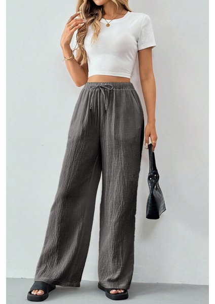 Kadın %100 Cotton Müslin Ultra Hafif Palazzo Model Geniş Paça Keten Karışım Pantolon fırsatları