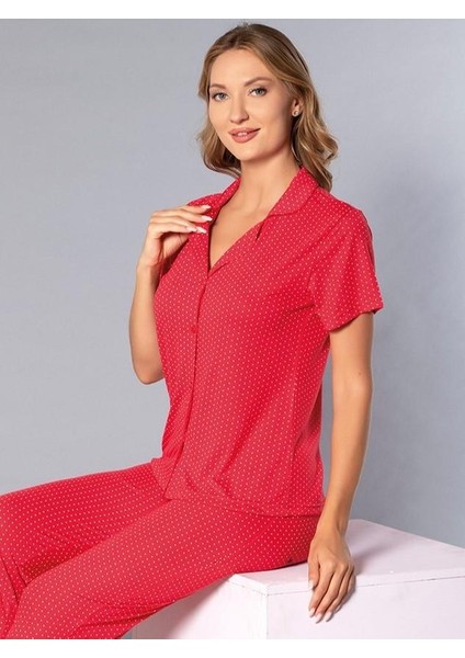Boydan Düğmeli Kısa Kollu Gömlek Pijama Takımı - Yazlık Puan Desenli Yumuşak Milan Kumaş - Poppy 58-04