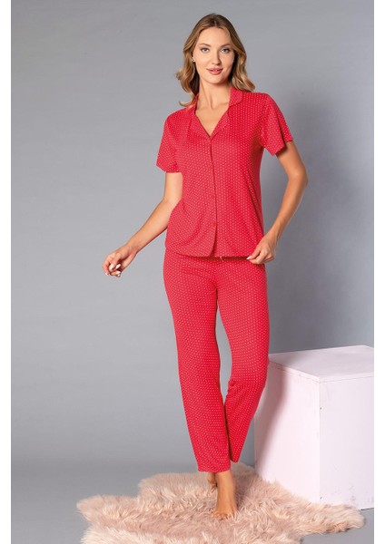 Boydan Düğmeli Kısa Kollu Gömlek Pijama Takımı - Yazlık Puan Desenli Yumuşak Milan Kumaş - Poppy 58-04 fiyatları