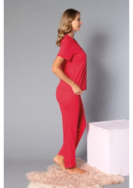 Boydan Düğmeli Kısa Kollu Gömlek Pijama Takımı - Yazlık Puan Desenli Yumuşak Milan Kumaş - Poppy 58-04 modelleri