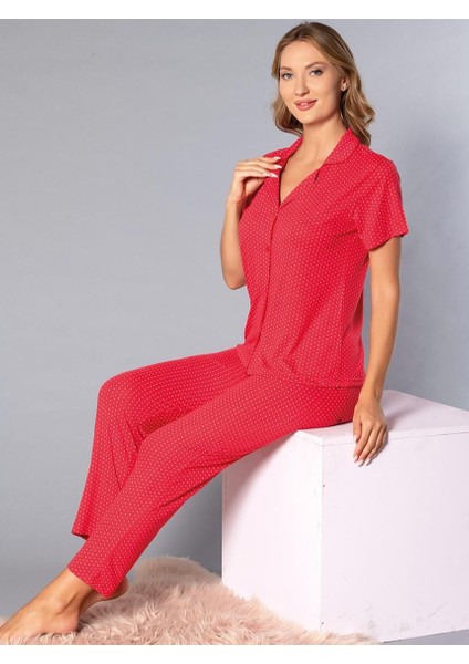 Boydan Düğmeli Kısa Kollu Gömlek Pijama Takımı - Yazlık Puan Desenli Yumuşak Milan Kumaş - Poppy 58-04 fırsatları