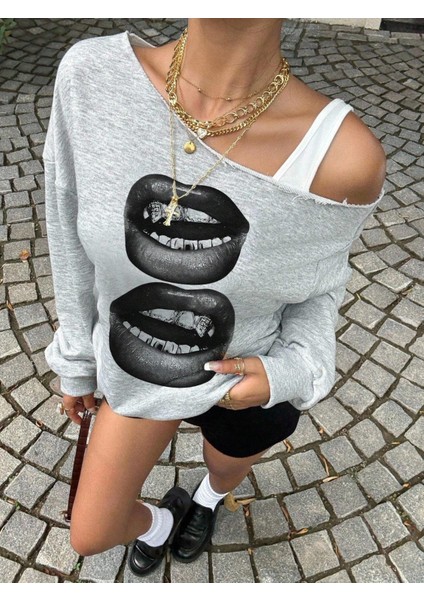 Kadın Gri Oversize Sweatshirt – Baskılı Dudak Desenli, Sokak Stili, Rahat Kesim fiyatları