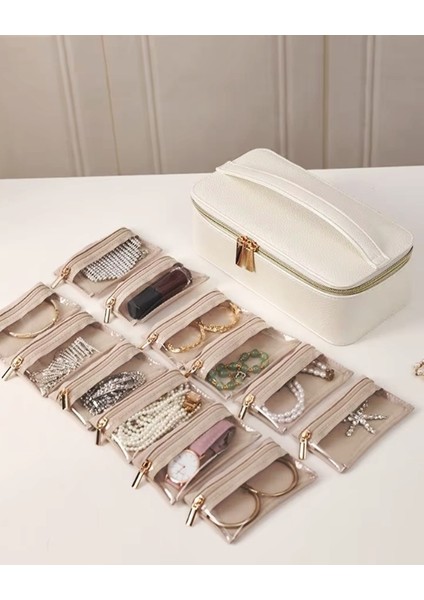 Gmn-6 Takı Altın Kutusu - Mücevher Kutusu Taşınabilir Fermuarlı Kapalı Takı Kutusu + 12 Adet Kese Hediye