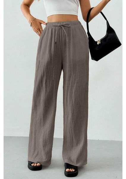 Kadın %100 Cotton Müslin Ultra Hafif Palazzo Model Geniş Paça Keten Karışım Pantolon