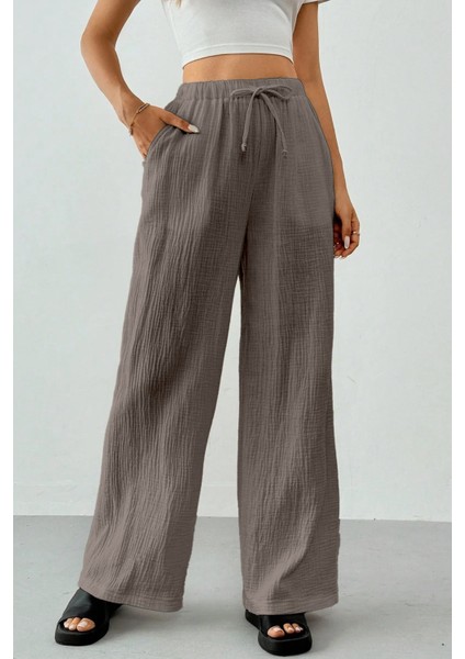 Kadın %100 Cotton Müslin Ultra Hafif Palazzo Model Geniş Paça Keten Karışım Pantolon fiyatları