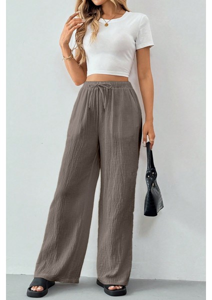 Kadın %100 Cotton Müslin Ultra Hafif Palazzo Model Geniş Paça Keten Karışım Pantolon fırsatları