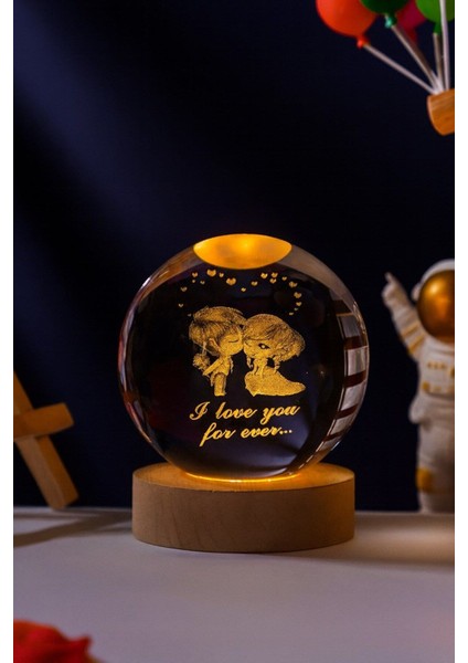 Ledli Usb'li Ahşap Standlı Sevgili Çiftler I Love You Forever Temalı Kristal küre Gün Işığı 3D Lamba