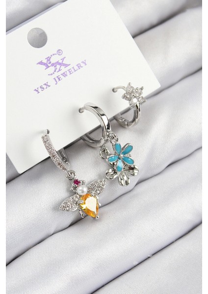 Pirinç Zirkon Taşlı 3'lü Arı ve Çiçek Model Gümüş Renk Kadın Küpe