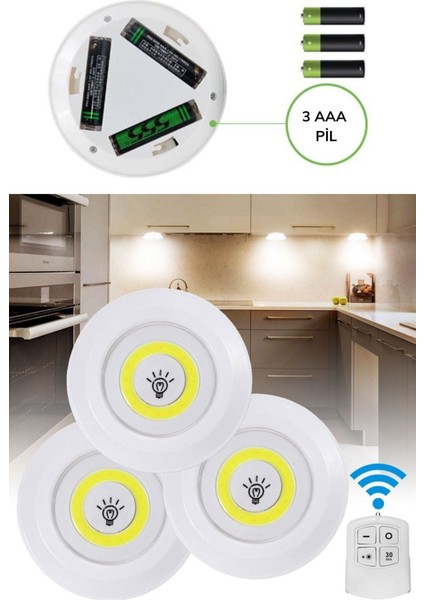 Uzaktan Kumandalı Yapışkanlı Kablosuz Pilli LED 3'lü Spot Lamba indirimleri