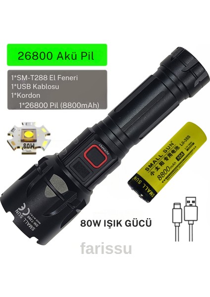 SMALL SUN SM-T288 80W 1000 Lümen 26800 Model 8800 mah pil 1 ile 1,5 Km Menzilli Şarjlı El Feneri indirimleri