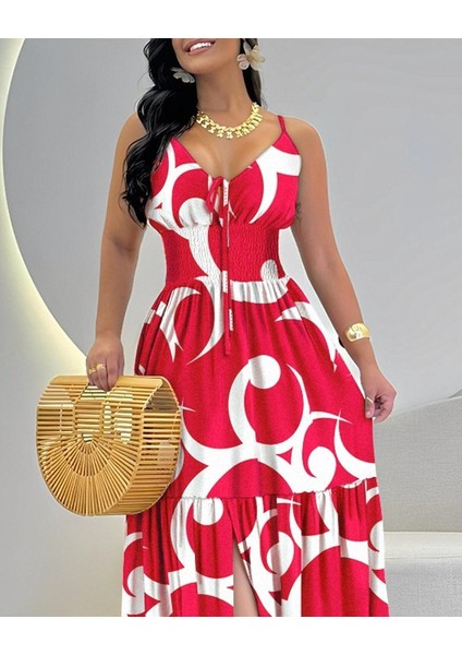 Kadın Ip Askılı Dekolteli Bağcıklı Yırtmaçlı Desenli Süprem Elbise fiyatları