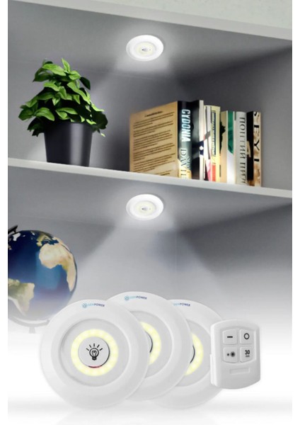 Uzaktan Kumandalı Yapışkanlı Kablosuz Pilli LED 3'lü Spot Lamba Mbukykplsl