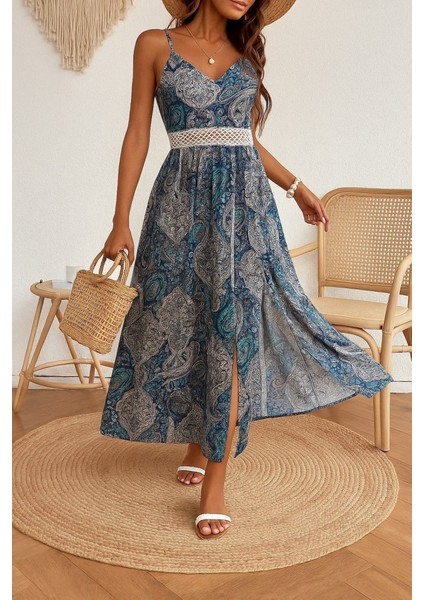 Kadın Ip Askılı V Yakalı Bel Güpür Çiçek Desenli Yandan Yırtmaçlı Maksi Süprem Elbise fiyatları