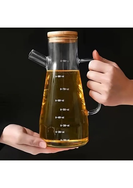 2'li Bambu Kapaklı Ahşap Standlı Camlı Yağdanlık & Sirkelik & Zeytinyağı Şisesi 900 ml 3lü Set
