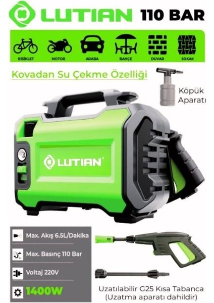 LT2161-1400 1400 Watt - 110 Bar - 6.5 Litre/dakika - Portatif Yıkama Makinası - Kovadan Su Çekme Fon