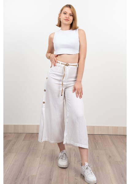 Yan Yarım Yırtmaçlı Süs Düğmeli Hasır Kemerli Keten Midi Boy Pantolon 30274 fiyatları