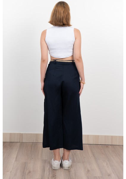 Yan Yarım Yırtmaçlı Süs Düğmeli Hasır Kemerli Keten Midi Boy Pantolon 30274 fiyatları