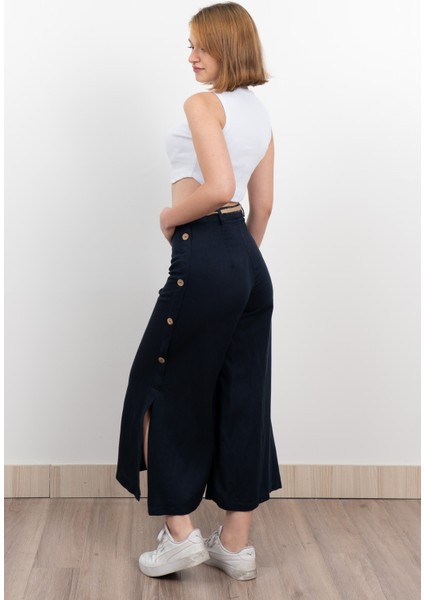 Yan Yarım Yırtmaçlı Süs Düğmeli Hasır Kemerli Keten Midi Boy Pantolon 30274 fırsatları