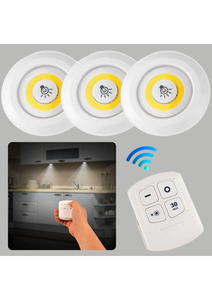 Kumandalı LED Spot Lamba Pilli Kablosuz Yapışkan Montaj 3 Lü Set LED Işık