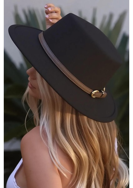 Deri Şeritli Siyah Yuvarlak Boater Şapka