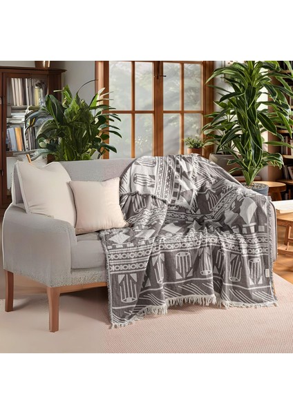Tekstıl Lüks 100% Pamuk Koltuk Şalı Tv Battaniyesi, Geniş 130X170 cm Yüksek Kaliteli Pamuklu Kumaş Dekoratif Koltuk Atma Şal Battaniyeleri (Bohem Gri)