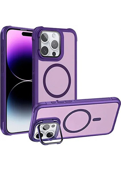 iPhone 12 Pro Max Uyumlu Standlı Kamera Kısmı Cam Korumalı Arkası Mat Renkli Magsafe Kılıf