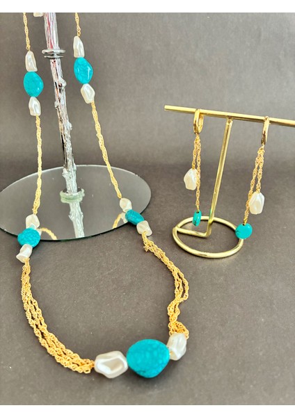 Inci Boncuklu Vedoğal Turkuaz Taşlı Kolye ve Küpe Seti