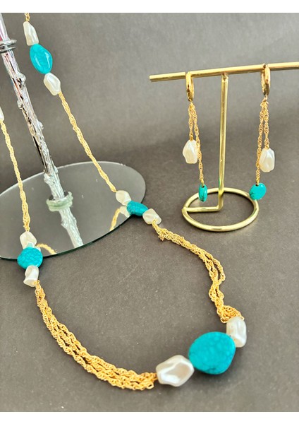 Inci Boncuklu Vedoğal Turkuaz Taşlı Kolye ve Küpe Seti fiyatları