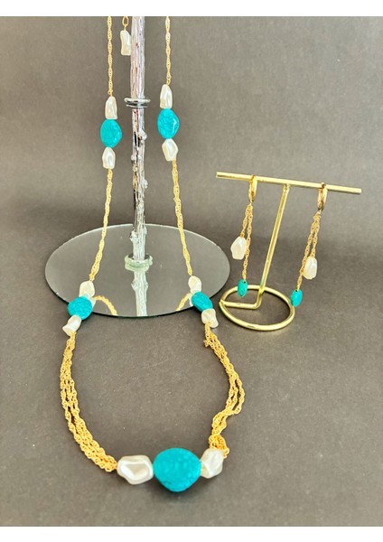 Inci Boncuklu Vedoğal Turkuaz Taşlı Kolye ve Küpe Seti modelleri