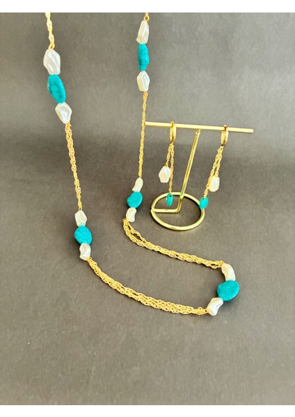 Inci Boncuklu Vedoğal Turkuaz Taşlı Kolye ve Küpe Seti fırsatları