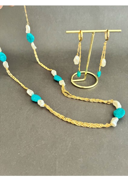 Inci Boncuklu Vedoğal Turkuaz Taşlı Kolye ve Küpe Seti indirimleri