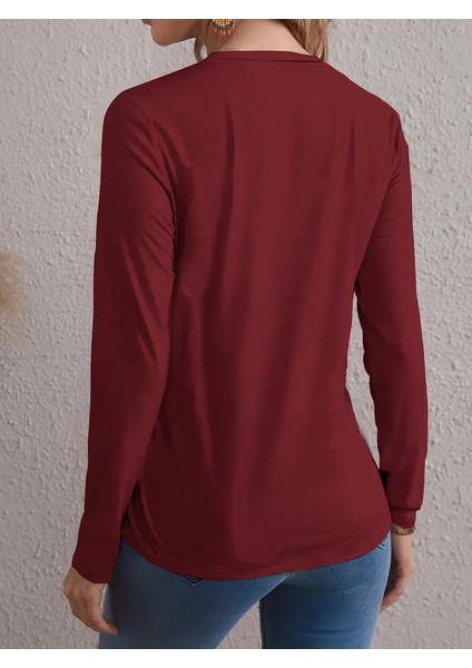Kadın Uzun Kollu Bisiklet Yaka Desenli Viskon Bluz