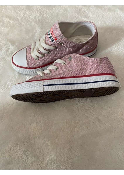 Pembe Simli Içi Yumuşak Taban Şeritli Kız Çocuk Ayakkabı Süper Kalite