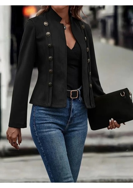 Kadın Uzun Kollu Hakim Yaka Yanlardan Düğmeli Kısa Süet Ceket fiyatları