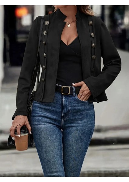 Kadın Uzun Kollu Hakim Yaka Yanlardan Düğmeli Kısa Süet Ceket indirimleri