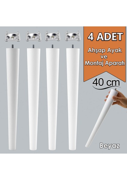 4 Adet Ahşap Ayak 40 cm Beyaz M8 Civatalı Bağlantı Aparatlı Mobilya Tabure Sehpa Masa Destek Ayağı