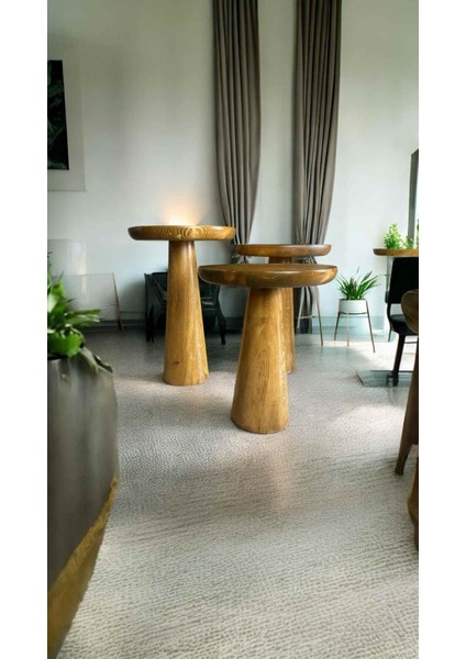 Masif Doğal Ahşap Mantar Sehpa Takımı – 3’lü Tütün Renk Zigon Fiskos