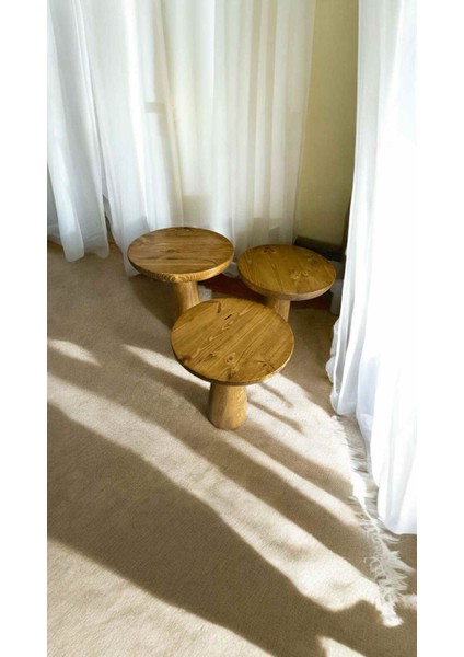 Masif Doğal Ahşap Mantar Sehpa Takımı – 3’lü Tütün Renk Zigon Fiskos fiyatları