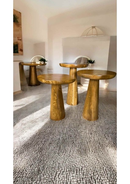 Masif Doğal Ahşap Mantar Sehpa Takımı – 3’lü Tütün Renk Zigon Fiskos modelleri