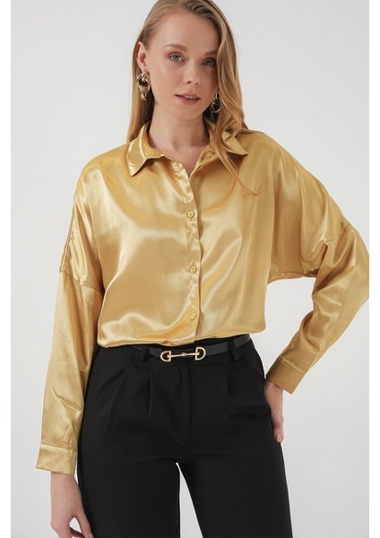 3985 Oversize Saten Gömlek - Altın Sarısı