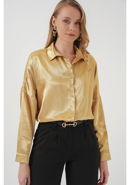 3985 Oversize Saten Gömlek - Altın Sarısı fırsatları
