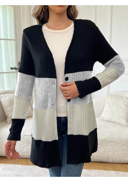 Kadın Uzun Kollu Çok Renkli Önden Düğmeli Uzun Ceket