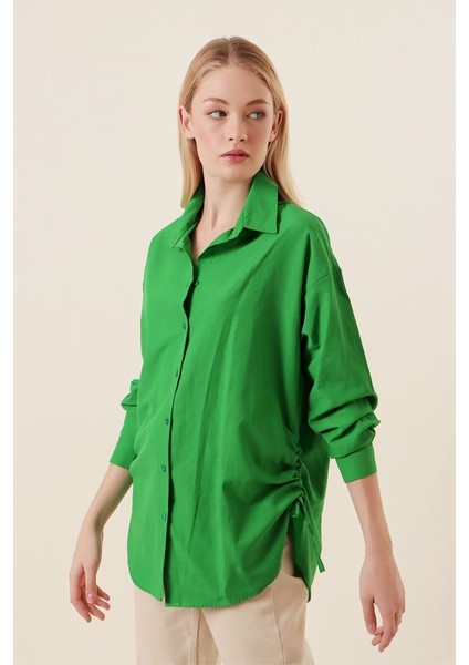 20132 Ip Büzgülü Oversize Gömlek - Yeşil