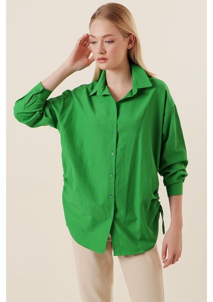 20132 Ip Büzgülü Oversize Gömlek - Yeşil