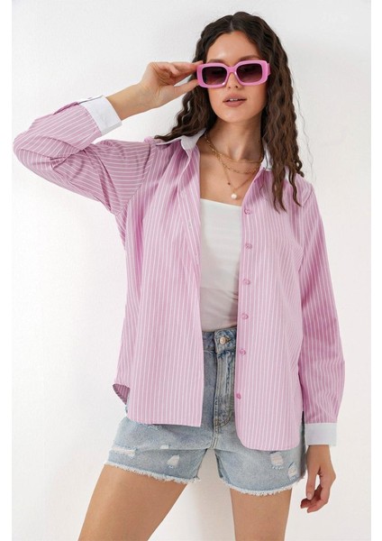 Çizgili Gömlek 20288 - Pembe