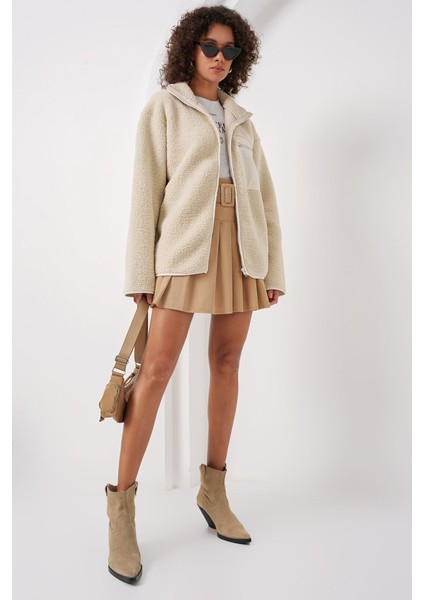 55446 Fermuarlı Oversize Peluş Ceket Mont - Krem fiyatları